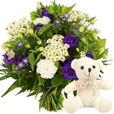 Bouquet blue purple white + teddy bear (Small Bouquet + small white teddy bear)
