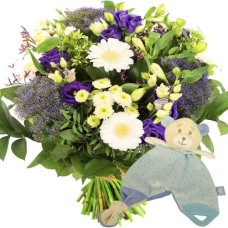 Boy bouquet + comfort blanket teething ring (Small Bouquet of blue and white shades + 140 grams of birth chocolate)
