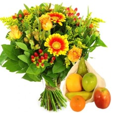 Bouquet of flowers + bag of fresh fruit (Bag of fruit + Medium bouquet  yellow - orange well done)