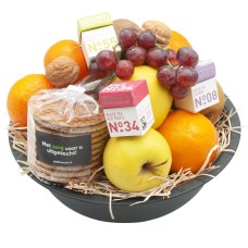 Fruit basket 30cm seasonal fruit tea and cookie