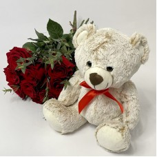 Bouquet of red Roses and cute TeddyBear (11 roses)