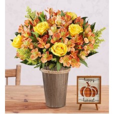 Fall Rose And Peruvian Lily Bouquet (with Woodland Vase And Harvest Wall Décor)