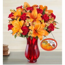 Elegant Autumn Rose And Lily Bouquet (with Red Vase & Suncatcher)