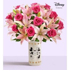 Disney Mickey Mouse & Minnie Mouse in Love Vase with Pink Rose & Lily (Disney Mickey Mouse & Minnie Mouse in Love Vase)