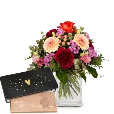 Flower bouquet 'Birthday' with Munz bar of chocolate 'Heart'