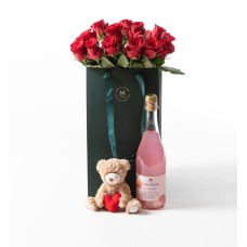 Red roses in gift bag with lemonade and teddy bear (None selected)