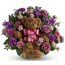 With Love' Pink Purple Flower Basket with Teddy Bear