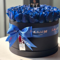 Blue Roses in Round Gift Box (50 Roses)