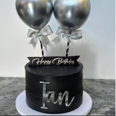 Personalized Black & Silver Cake with Chrome Balloons
