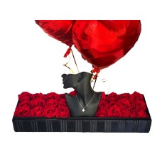 Red Roses in long box with Pendant and balloons