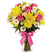 Springtime Colorful Pink & Yellow Flowers In A Vase