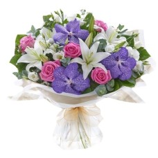 White Lilies, Pink Roses & Orchids Flower Bouquet