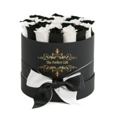 Black & White Roses in black Round Box