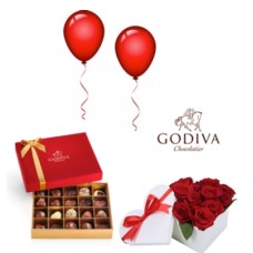 GODIVA Gold Box & Heart Roses & Red Balloons (20 roses)