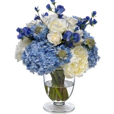 'White & Blue Blooms' Hydrangea & Roses Flower Vase