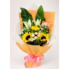 Sunflowers, Stargazer Lilies, Ferrero & Teddy Bouquet