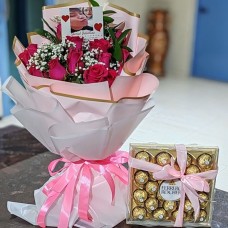 Dark Pink Roses 15 with Personalized Photo & Ferrero Rocher