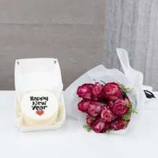 Happy New Year Bento Cake with 10 Roses Bouquet