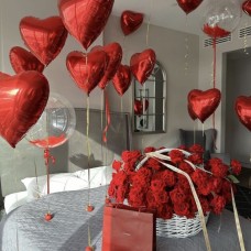 25 Red Roses Basket with 25 Heart Foil Balloons Arrangement