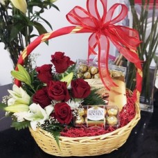 6 Red Roses Basket with White Tulips & 300g Ferrero Rocher