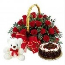 BASKET 12 ROSES WITH BLACK FOREST CAKE AND STUFFED ANIMAL