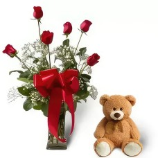 Red Roses Bouquet with Sweet Teddy