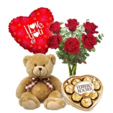 6 Red Roses, Teddy, Balloon And 9 Ferrero Chocolate (Standard)