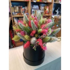 Multi-Colored Lavender& Lagurus Flowers In A Hat Box