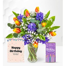 Hyacinth & Tulips with Birthday Chocolate & Card (Standard)