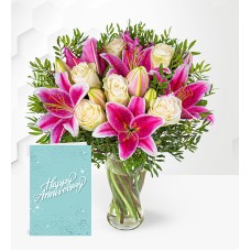 Pink Lilies & Roses with Anniversary Card (Standard)