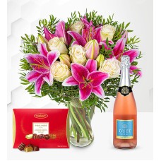 Pink Lilies & Roses with Fizz & Chocolates (Standard)