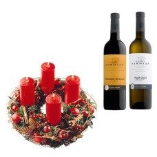 Advent Wreath red with 2 Bottles of Italian wine