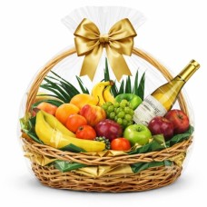Fruit basket with imported white wine.