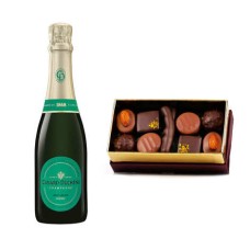 Assortment of chocolates and Champagne Canard Duchne Cuvee Leonie Brut 12% in half-bottle