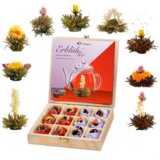 Black and white tea flower gift box in a wooden box