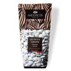 Small white heart-shaped dragees in milk chocolate (250g bag)