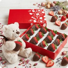 Strawberries in dark and white chocolate with cocoa sprinkles + teddy bear