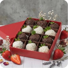 Strawberries in dark and white chocolate with cocoa and coconut sprinkles