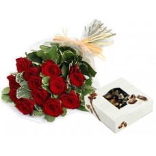 One Dozen Roses Bouquet And A Chocolates Box