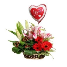 Lilies And Daisies Basket Arrangement with Balloon