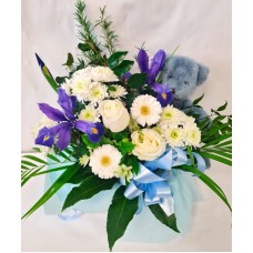Teddy Bear in Blue Water Box Flowers