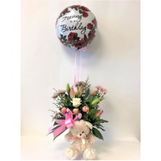 Fresh Happy Birthday Floral Arrangement With Teddy Bear