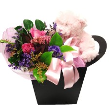 Boxed Pink Teddy Bear with Chocolates & Flowers