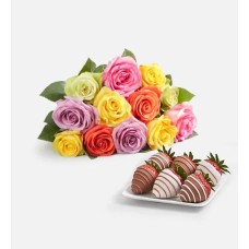 Assorted Roses & Drizzled Strawberries (12 Assorted Roses Bouquet Only & 6ct Gourmet Drizzled Strawberries)