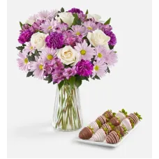 Lavender Garden & Mother’s Day Drizzled Strawberries (Bouquet with Vase & 6ct Mothers Day Drizzled Strawberries)