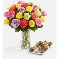 Assorted Roses & Drizzled Strawberries (12 Assorted Roses Bouquet Only & 6ct Gourmet Drizzled Strawberries)
