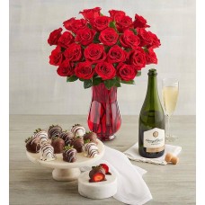 Deliciously Decadent Red Roses, Strawberries, and Wine (Deliciously Decadent 24 Red Roses, 12 Drizzled Strawberries, and Rose Wine)