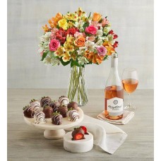 Assorted Roses & Peruvian Lilies, Gourmet Drizzled Strawberries, and Wine (Assorted Roses & Peruvian Lilies, Gourmet Drizzled Strawberries, and Cabernet Sauvignon)