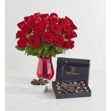 Scharffen Berger Chocolatiers Collection with Two Dozen Red Roses