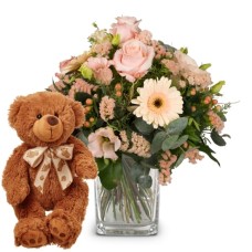 Delicate Seasonal Bouquet with teddy bear (Minimum)
